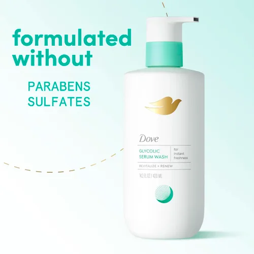 Vista 7 de Dove Gel de baño de suero glicólico para mujer, para renovación de la piel, hidratación y control de olores, aroma a lirio de agua dulce, 14.2 onzas
