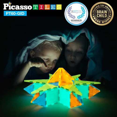 Vista 4 de PicassoTiles 60 bloques de construcción magnéticos brillantes + 12 piezas de azulejos de espejo, bloques de construcción 3D magnéticos