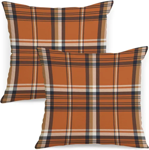 Vista 7 de AOFANGGO - Juego de 2 fundas de almohada de otoño decorativas de 16x16 pulgadas. Fundas de almohada de cuadros naranja y gris, cojines de lino
