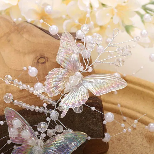 Vista 2 de CASDRE Mariposas novia boda pelo vid plata perla novia diadema diadema Rhinestone accesorios para el cabello para mujeres y niñas