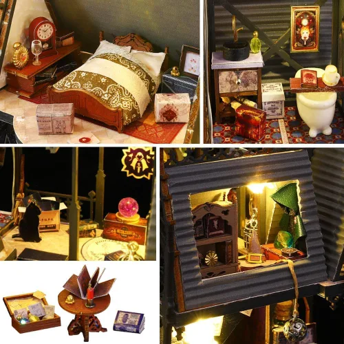 Vista 3 de Rompecabezas de madera DIY modelo arquitectónico 3D Mini kit de muebles de casa de muñecas con música y luces LED, habitación creativa mejor