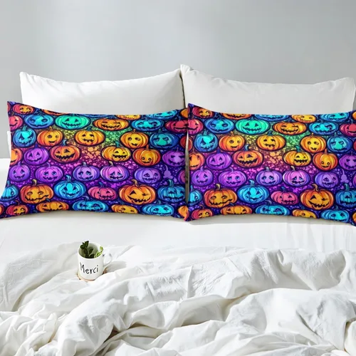 Vista 4 de Erosebridal Sábanas de calabaza de Halloween para niños, diseño de calabazas arcoíris, tamaño individual, para niños y niñas, juego de ropa de cama