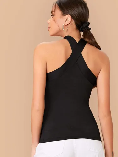 Vista 2 de Floerns Camiseta sin mangas con cuello halter cruzado para mujer Un negro