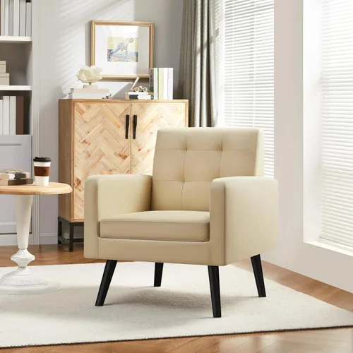Vista 4 de Yaheetech - Sillas de acento de mediados de siglo, silla moderna tapizada de piel sintética para sala de estar, sillón acogedor con respaldo