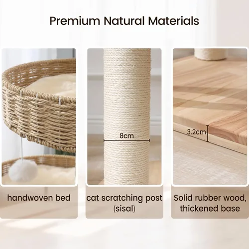 Vista 6 de Árbol de madera maciza para gatos grandes, torre moderna para gatos de 48 pulgadas con cestas tejidas a mano, condominio para gatos de varios
