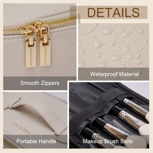 Vista 4 de ROWNYEON - Bolsa de cosméticos, bolsa de maquillaje, estuche portátil para maquillaje, neceser de viaje, organizador para mujeres, color beige