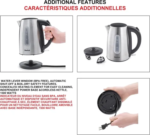 Vista 4 de Starfrit Hervidor eléctrico - 1.7L - Ventana de nivel de agua - Apagado automático - 1500W