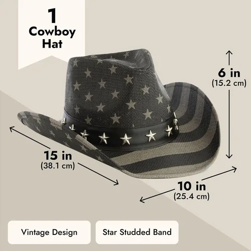 Vista 6 de Sombrero de vaquero de paja de Estados Unidos para hombres y mujeres, aspecto vintage, sombrero de vaquera para fiesta de disfraces (tamaño adulto)