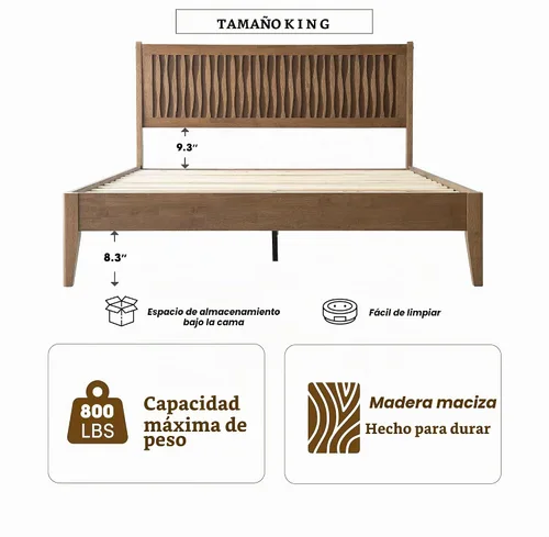 Vista 12 de Marco de cama tamaño King, cama plataforma de madera sólida con cabecera y pie de cama, 12 listones resistentes, patas centrales de metal, fácil