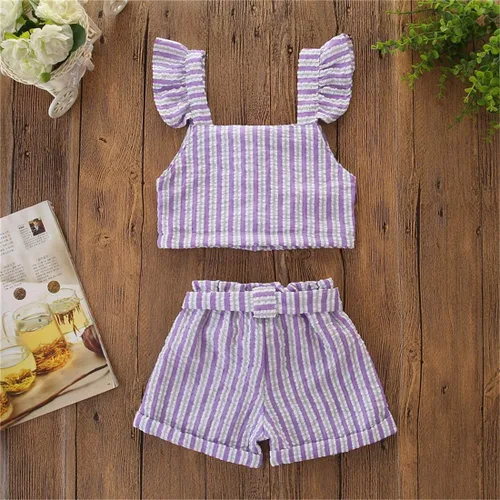 Vista 4 de Niño Niños Bebé Niña Rayas Volantes Sin Mangas Chaleco Top Bowknow Pantalones Cortos Conjunto Ropa de Verano