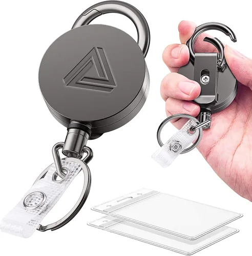 Vista 7 de Carrete Portainsignias Retráctil de Metal Resistente con Clip para Cinturón y Llavero, Soporte Vertical Transparente Impermeable para Tarjetas