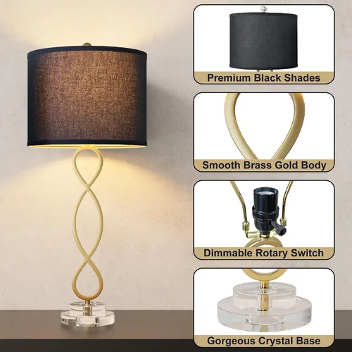 Vista 3 de Maxax Juego de 2 lámparas de mesa de latón dorado de 30 pulgadas para sala de estar, lámpara de noche moderna de cristal con pantalla negra, lámpara