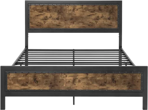 Vista 8 de SHA CERLIN Marco de cama gris de metal tamaño completo, base de plataforma de madera industrial con cabecero y pie de cama con remaches, no necesita