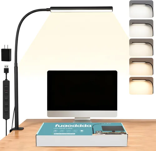 Vista 6 de Lámpara de escritorio LED con abrazadera, 5 modos de color y 10 niveles de brillo, luz de escritorio para cuidado de los ojos, cuello de cisne
