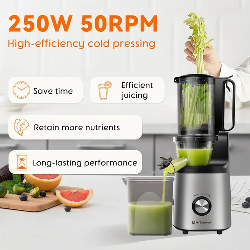 Vista 6 de Exprimidores de prensa en frío, exprimidor lento de masticación eléctrica HYSapientia para verduras y frutas, potente motor, sistema autoprecortado