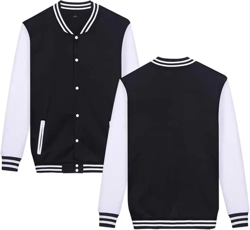 Vista 2 de Chamarra de béisbol para hombre, conjunto de 2 piezas con estampado personalizado para mujer, Negro, L