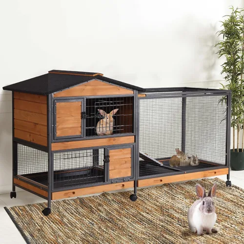 Vista 10 de GUTINNEEN Jaula para conejos, interior y exterior, casa para conejos de 2 pisos con ruedas, jaula de madera con 2 bandejas extraíbles para cobayas