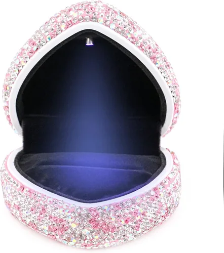 Vista 4 de Caja de joyería de lujo con forma de corazón de diamantes de imitación Bling totalmente para almacenamiento de joyas con luz LED para compromiso boda