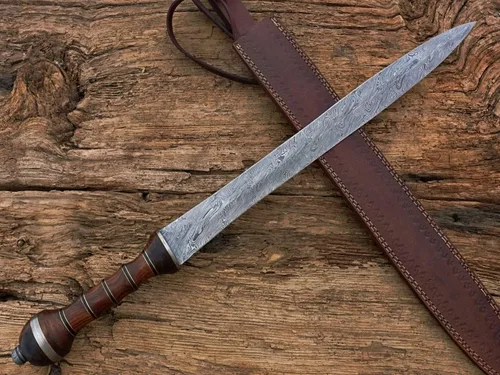 Vista 2 de Espada de gladiador de acero de Damasco/Espada de Gladius romana hecha a mano con funda de cuero.