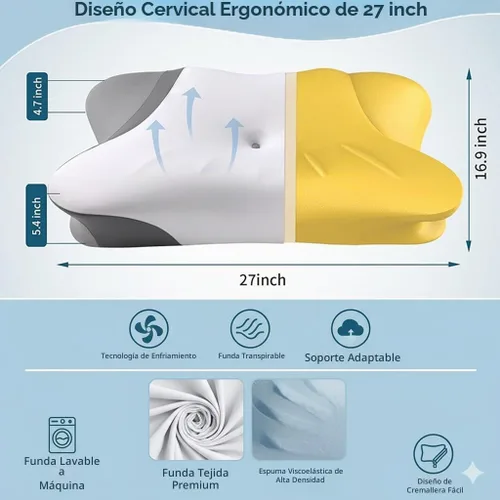 Vista 6 de Almohada cervical para el cuello para aliviar el dolor: almohada ergonómica de espuma viscoelástica para dormir, almohada ortopédica de apoyo