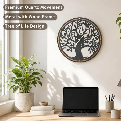 Vista 2 de Micasso Large Wall Clocks Decorative: 15 Inch Tree of Life Battery Operated