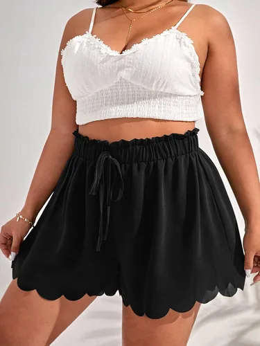Vista 3 de MakeMeChic Pantalones cortos de pierna ancha con cintura elástica y ribete festoneado para mujer