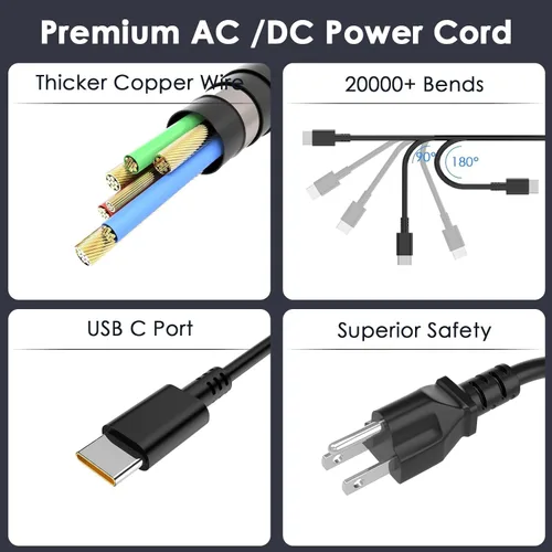 Vista 6 de Cargador USB C de 65 W compatible con Lenovo Thinkpad Chromebook Yoga Laptop y más cable de alimentación USB tipo C