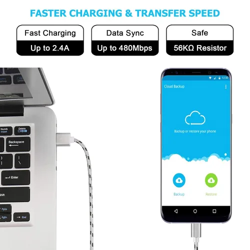 Vista 4 de 2 cables de carga, paquete de 2 cables USB tipo C de 15 pies, cable trenzado de carga rápida extralargo, cable de carga USB C-A para Samsung Galaxy