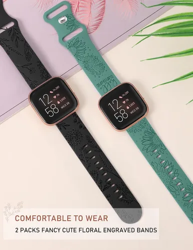 Vista 3 de Paquete de 2 correas con grabado floral compatibles con Fitbit Versa 2/Fitbit Versa/Versa Lite para mujeres, linda correa deportiva de silicona