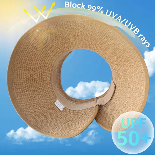 Vista 2 de NPJY Sun Hats for Women Wide Brim Roll-Up Ponytail Packable Straw Visor Blanco