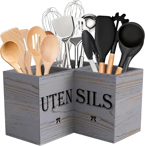 Vista 10 de Suli Soporte extra grande para utensilios de cocina con 3 compartimentos, organizador de utensilios de esquina para encimera, organizador