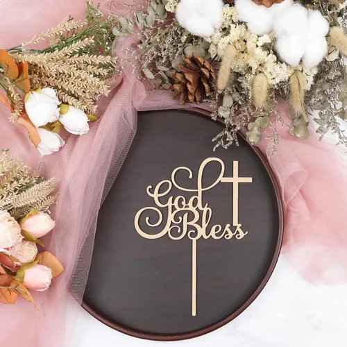 Vista 3 de Decoración para pastel con texto en inglés "God Bless", suministros de decoración de bautismo de madera para niños y niñas, accesorios para cabina