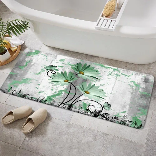 Vista 11 de Alfombra de baño rústica de granja, diseño de margaritas y mariposas en madera de campo, tapete de baño de madera color gris, blanco, azul marino