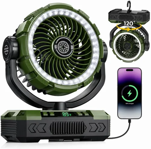 Vista 9 de Ventilador de camping recargable de 9 pulgadas 【Oscilante automático, máximo 60H】Ventilador portátil de 20000 mAh, funciona con pilas, luz Negro