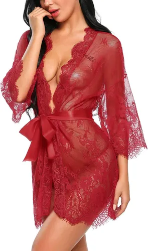Vista 3 de Avidlove - Kimono de encaje para mujer, tipo babydoll, camisón de malla de lencería de talla S-5XL