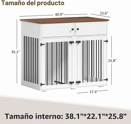Vista 2 de Mueble de jaula para perros grande, perrera de interior de 41 pulgadas con divisor removible y puertas dobles, jaulas de madera para perros para 2