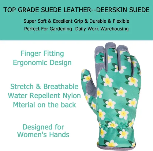Vista 2 de SKYDEER Guantes de jardinería de piel de ciervo genuina para mujer, ultrasuaves y acolchados, ajuste cómodo para el trabajo (SD6611/M)