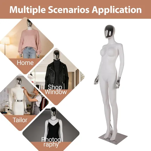 Vista 4 de Kinfant Maniquí femenino de cuerpo completo, blanco y plateado, elegante maniquí femenino alto con base de metal estable, pantalla