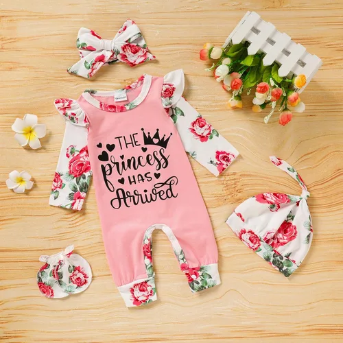 Vista 2 de GRNSHTS Conjunto de ropa para bebé recién nacida, mameluco con estampado de letras, sombrero+diadema para llegar a casa