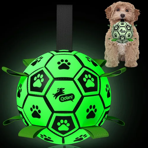 Vista 10 de QDAN Juguetes prémium para perros que brillan en la oscuridad, pelota de perro con correas, pelota de fútbol para perros, juguetes para perros al