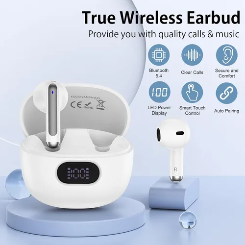 Vista 2 de Auriculares inalámbricos Bluetooth con graves profundos estéreo, auriculares Bluetooth de 60 horas con 4 micrófonos ENC con cancelación de ruido