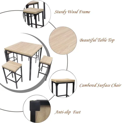 Vista 3 de Juego de 5 piezas de cocina y comedor, mesa y sillas de cocina de madera, madera de caucho, color marrón, Roble