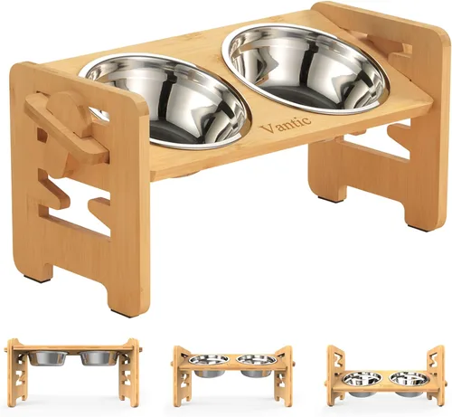 Vista 14 de Cuencos elevados para perros, soporte elevado ajustable para mascotas de tamaño mediano, alimentador de alimentos de bambú resistente con 2 platos