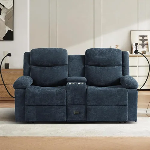 Vista 7 de Sofá reclinable de dos plazas con consola, color azul Manual Recliner Loveseat with Phone Holders, Storage Drawer, Cup Holders, Side Pockets, Dual