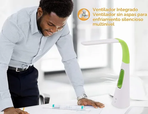 Vista 3 de PureOptics LED VLED1603LM - Lámpara de escritorio con ventilador sin aspas, regulable, cuello ajustable, color verde lima