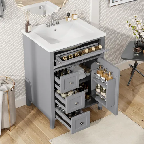 Vista 18 de Harper & Bright Designs Tocador de baño de 24 pulgadas con lavabo, juego de tocador independiente con 4 cajones, estantes de almacenamiento y Negro