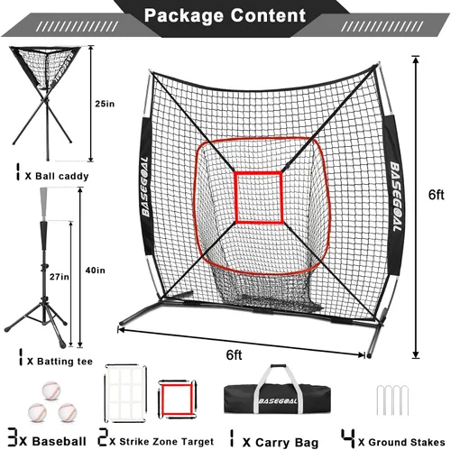 Vista 3 de BaseGoal 6'×6' Baseball Softball Practice Net,Baseball Backstop,with Batting Tee,Ball Caddy,for Hitting Pitching Batting Catching with Bow