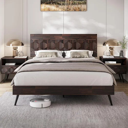 Vista 10 de Bme Georgina - Marco de cama tamaño Queen con cabecero y diseño geométrico artesanal distintivo, diseño con patente estadounidense pendiente, madera