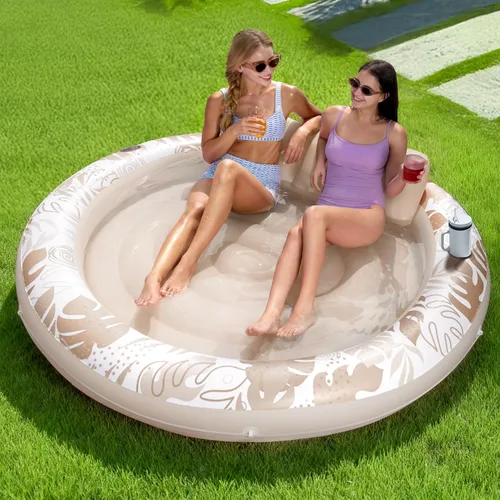 Vista 12 de SLOOSH Flotador inflable para piscina de bronceado, flotadores de piscina de 72 x 56 pulgadas para adultos con almohada, flotador redondo 4 en 1