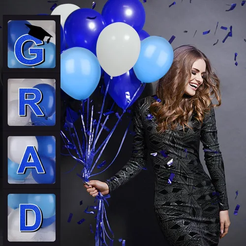 Vista 4 de Decoraciones azules para fiestas de graduación 2026, cajas de globos de graduados – 4 cajas de globos negros con 4 cuerdas de luz y letras 2026 Grad